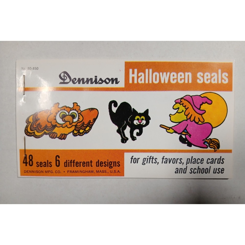 Vintage Dennison Halloween 48 Seal Sticker Booklet‎ 6 Designs Witch Cat UNUSED
